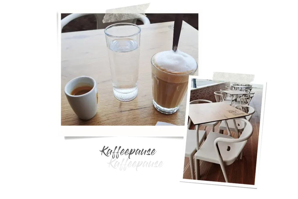 Zwei Polaroids, eins zeigt einen Espresso, ein Glas Wasser und einen Galão; das andere zeigt die noch leeren Tische auf der Terrasse.