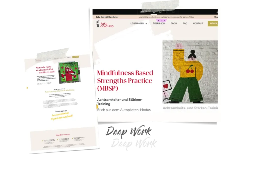 Zwei Polaroids, eins zeigt die MBSP Seite meiner Kundin Sabine auf dem Screen, und das andere eine Landingpage im Längsformat.