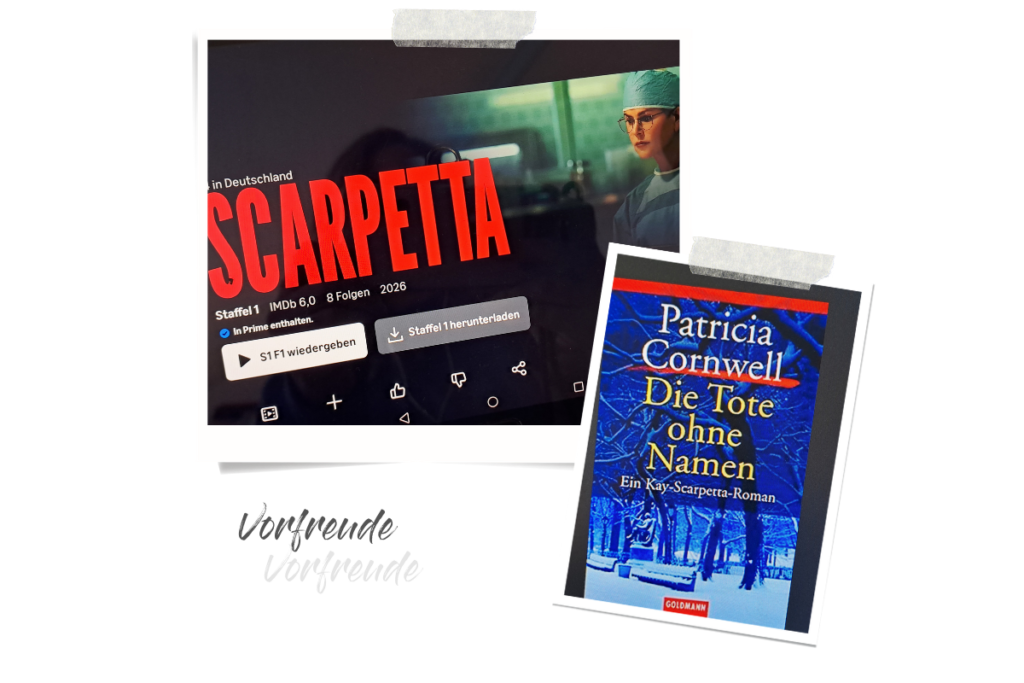 Zwei Polaroids, eins zeigt ein Sceenshot der neuen Scarpetta Serie auf Amazon Prime, das andere das erste Buch, das ich aus der Serie gelesen habe: Die Tote ohne Namen von Patricia Cornwell.