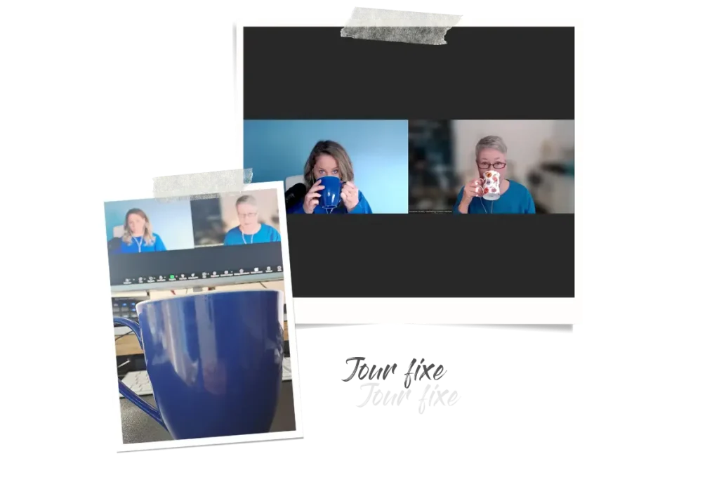 Zwei Polaroids, eins zeigt Susanne Jestel und mich beim Zoom Call, wie wir aus unseren Tassen trinken, das andere zeigt meine blaue Kaffeetasse in Großaufnahme und dahinter der Zoom Call auf dem Bildschirm.