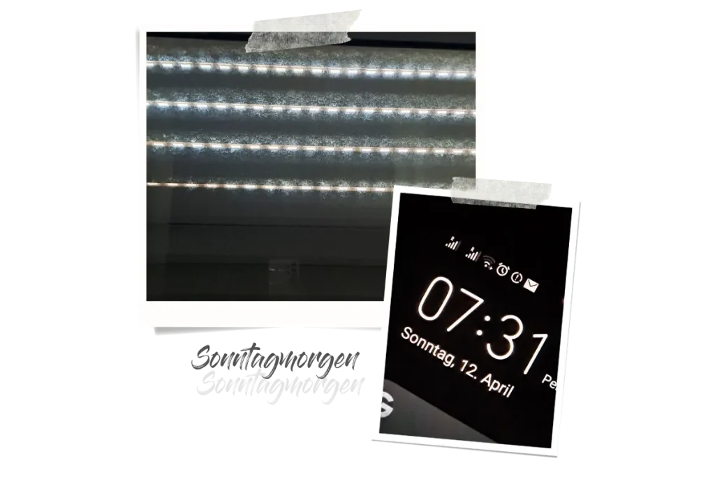 Zwei Polaroids, eins zeigt die Uhrzeit und das Datum als "07:31 - Sonntag, 12. April" und das andere die halbgeschlossenen Jalousien und Saharastaub auf der Fensterscheibe.