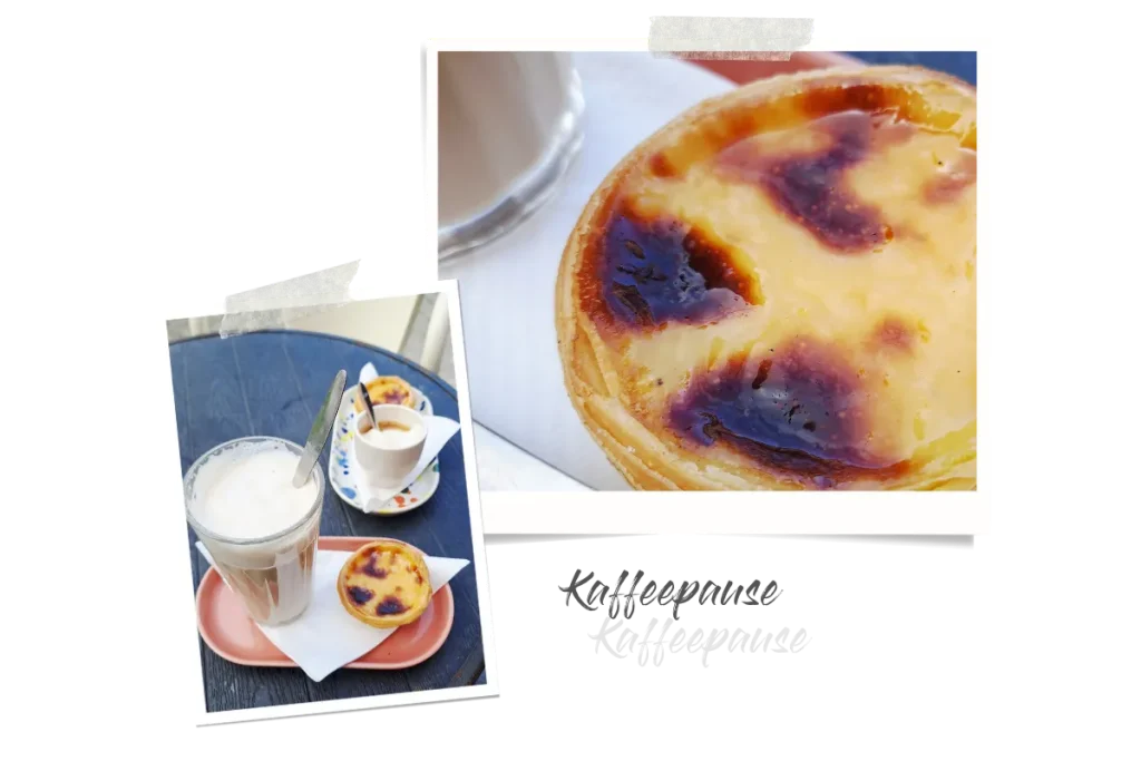 Zwei Polaroids, eins zeigt ein Pastel de Nata in Großaufnahme und das andere die beiden Kaffees, jeweils auf einem Geschirr mit einem Pastel.