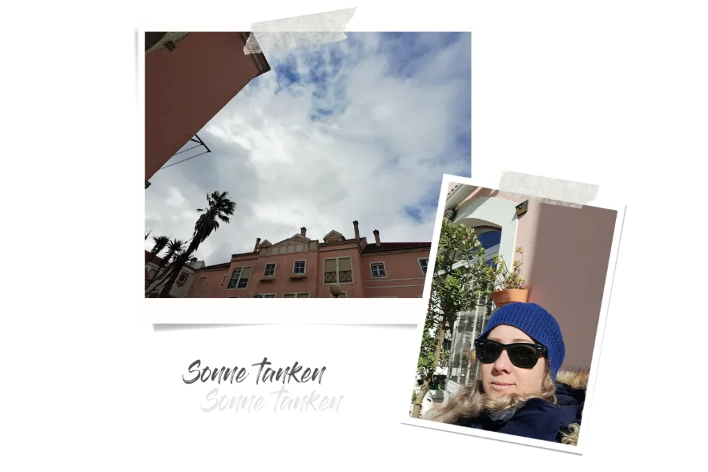 Zwei Polaroids, eins zeigt den bewölken Himmel, umrandet von Häusern und einer Palme im Wind; das andere ist ein Selfie von Britta mit Sonnenbrille in der Sonne.