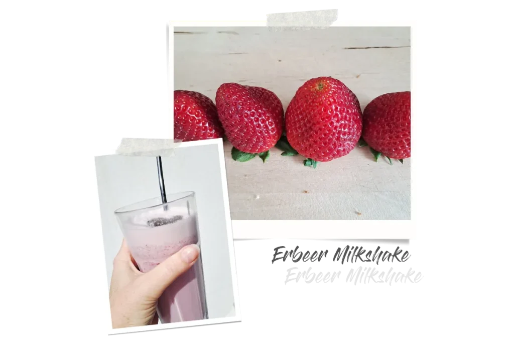 Zwei Polaroids, eins zeigt vier Erdbeeren in Nahaufnahme, und das zweite eine Hand, die den fertigen Milchshake im Glas hält.