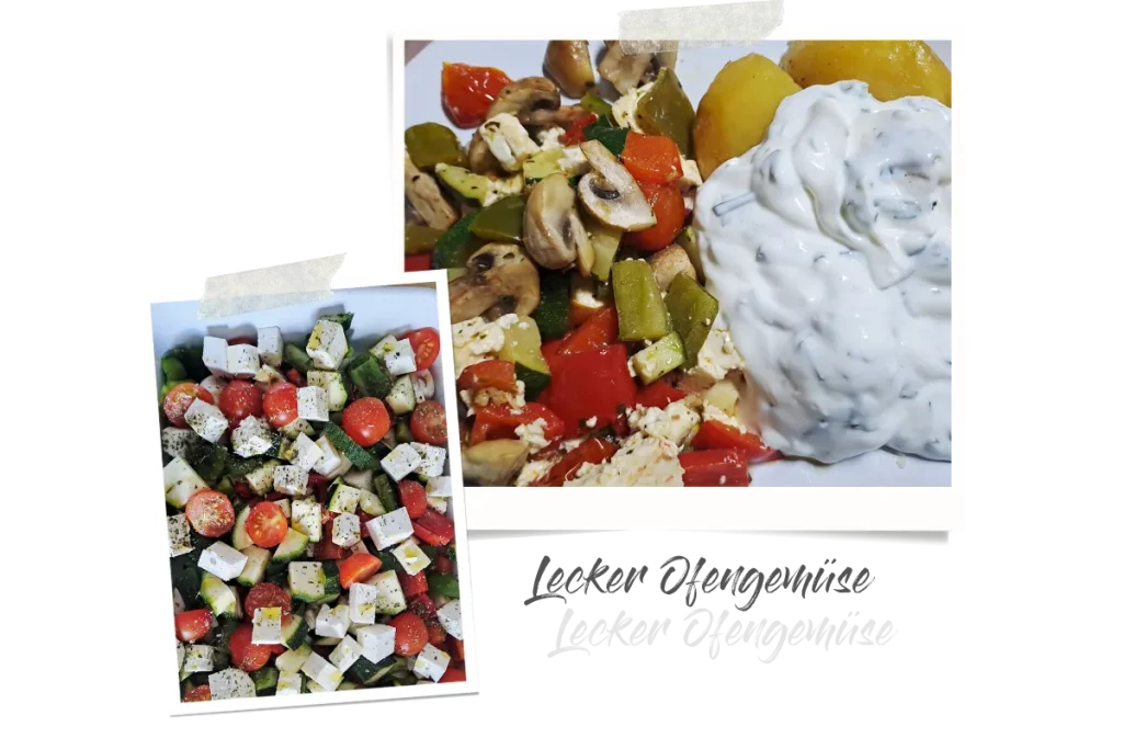 Zwei Polaroids, eins zeigt das geschnittene, noch rohe Gemüse, und das andere das gegarte Gemüse mit Kartoffeln und Joghurt auf einem weißen Teller.