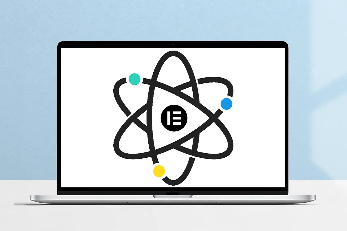 Ein Atomsymbol auf einem Laptopscreen für Elementor V4 und Atomic Design – was Du jetzt darüber wissen solltest.