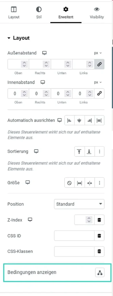 Ansicht der Einstellungen, in denen man die dynamischen Bedingungen auswählen aktivieren kann.