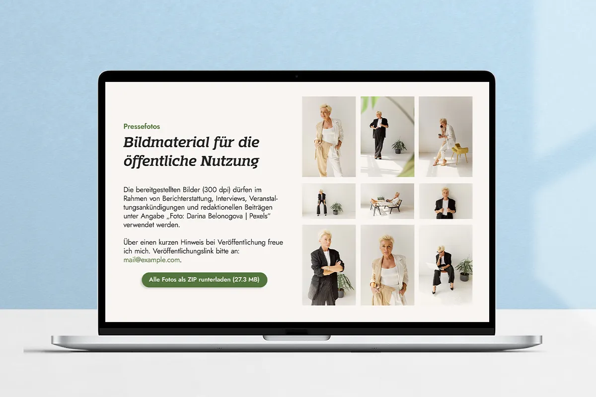 Mockup eines Laptops auf dem man auf dem Screen sieht, wie man Pressefotos zum Download bereitstellen kann.
