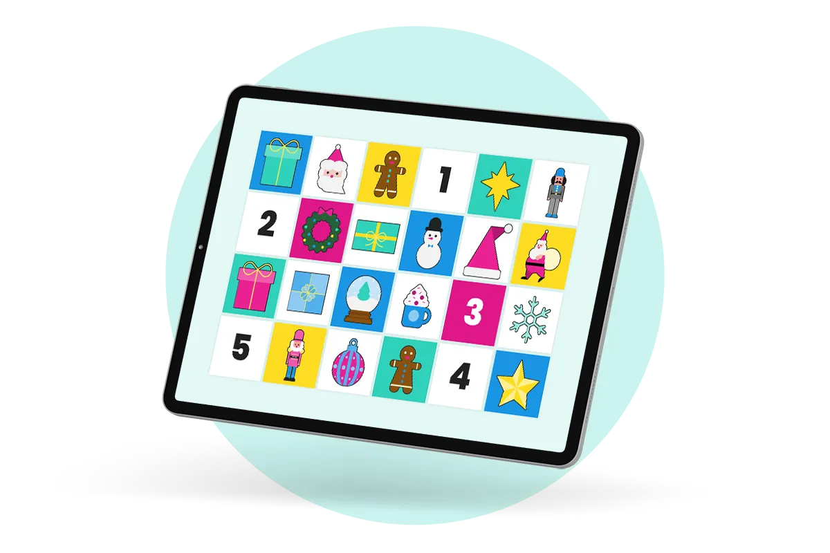 An ipad with 24 doors to show how to find the topic for your digital advent calendar as a solopreneur.