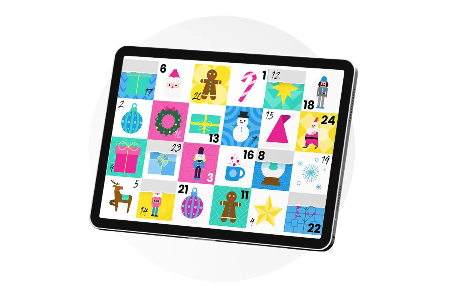 An ipad with 24 doors to show how to find the topic for your digital advent calendar as a solopreneur.