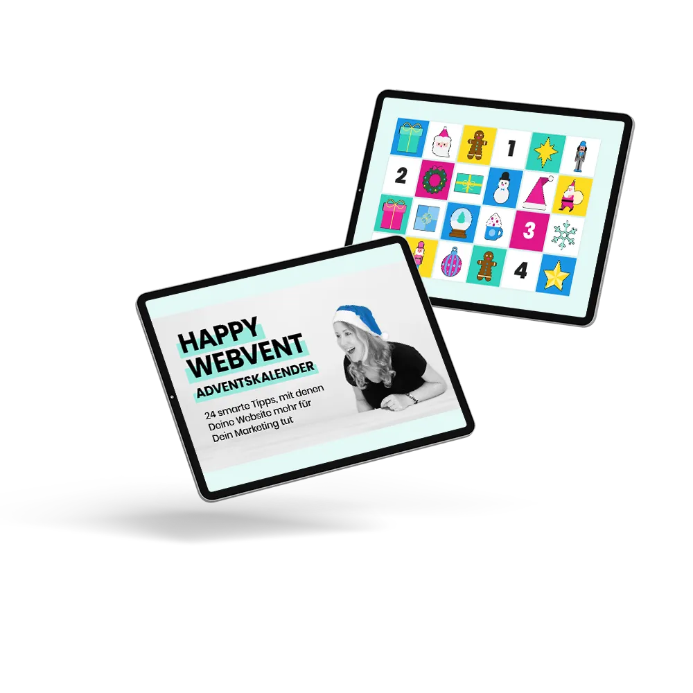 Zwei Ipads zeigen auf dem Screen den Adventskalender HAPPY WEBVENT.