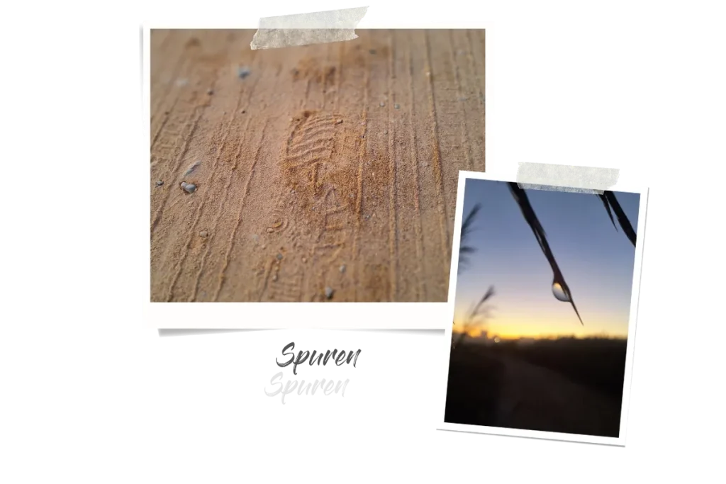 Zwei Polaroids, eins zeigt einen Schuhabdruck im Sand eines Feldweges, das andere einen Wassertropfen an einem Grashalm in der Morgendämmerung.