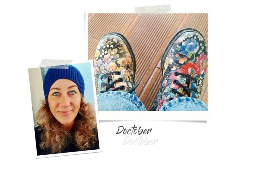 Zwei Polaroids, eins zeigt eine Nahaufnahme von Dr. Martens mit Blümchenmotiv, und das andere eine Selfie von Britta Just.