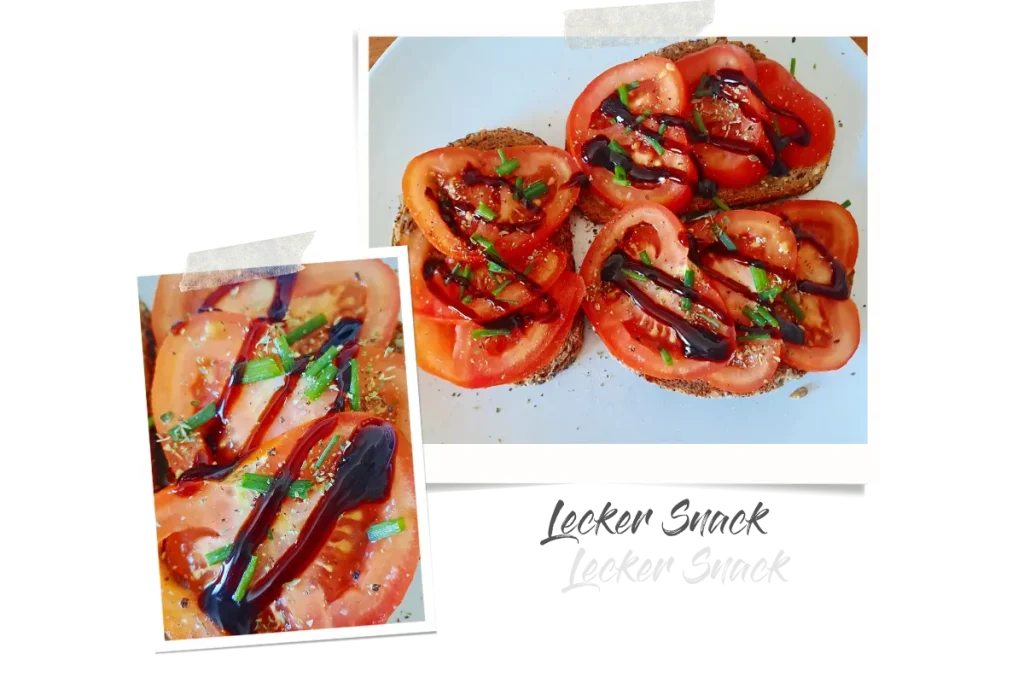 Zwei Polaroids, eins zeigt drei Scheiben Brot mit Tomate, und das andere Tomaten in Nahaufnahme, auf denen man das Balsamico Dressing sieht.