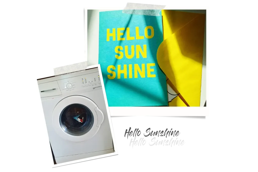 Zwei Polaroids, eins zeigt einen gelben Briefumschlag und Karte auf der "Hello Sunshine" steht, und das andere eine Waschmaschine im Betrieb.