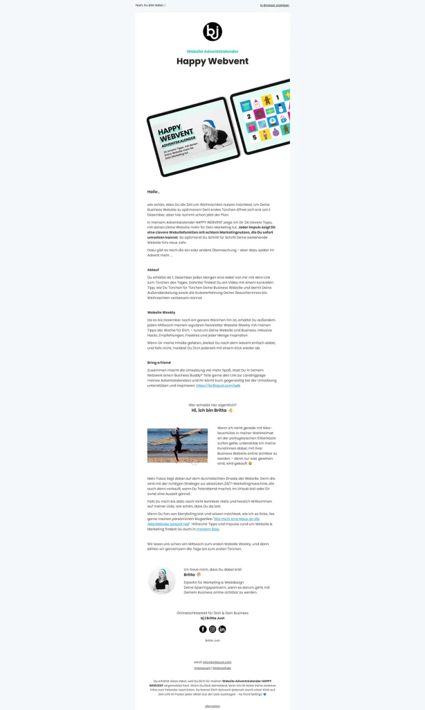 Screenshot der Willkommensmail vom Happy Webvent Adventskalender.