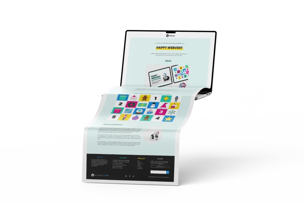 Mockup eines Laptops mit einer Adventskalender Übersichtsseite, die aus dem Rahmen läuft.